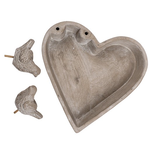 Vogeltränke / Vogelfutterschale Herz aus Zement 3-teilig