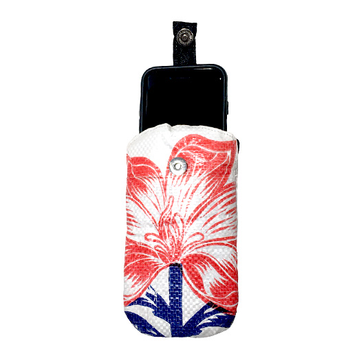 Upcycling - Handy - Hülle mit Zuglasche aus recycelten Reissäcke Blume M