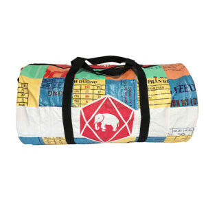 Upcycling - Runde Sporttasche aus recycelten Säcke Patchwork Elephant