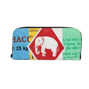 Upcycling - Damengeldbörse mit Reissverschluss aus recycelten Säcke Patchwork Elephant