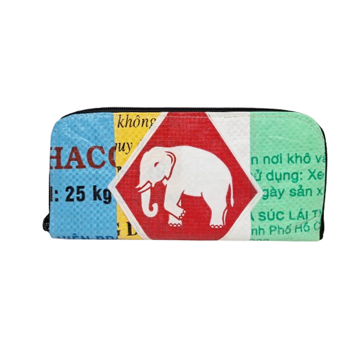 Upcycling - Damengeldbörse mit Reissverschluss aus recycelten Säcke Patchwork Elephant