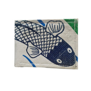 Upcycling - kompakte Geldbörse aus recycelten Fischfuttersäcke blau / weiss