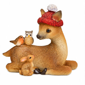 Deko-Rehkitz mit Wintermütze, Hase, Vogel und Eule