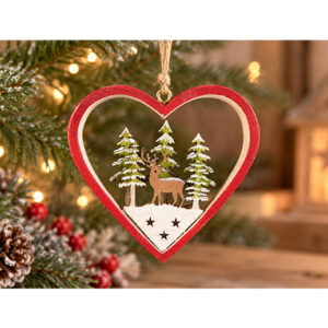 Holz-Baumschmuck Herz mit Hirsch im Winterwald