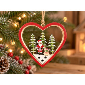 Holz-Baumschmuck Herz mit Weihnachtsmann im Winterwald