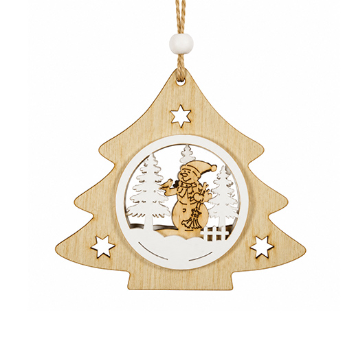 Holz-Baumschmuck Sterne und Tannenbäume mit Wintermotiven – 4er-Set