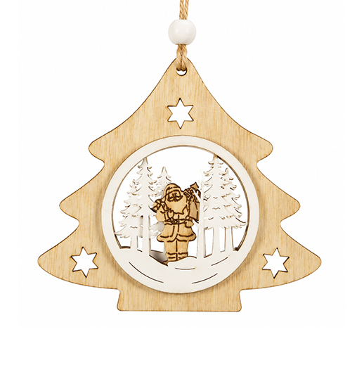 Holz-Baumschmuck Sterne und Tannenbäume mit Wintermotiven – 4er-Set