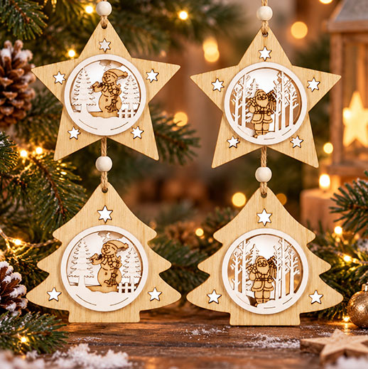 Holz-Baumschmuck Sterne und Tannenbäume mit Wintermotiven – 4er-Set