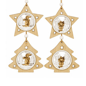 Holz-Baumschmuck Sterne und Tannenbäume mit Wintermotiven – 4er-Set