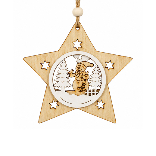 Holz-Baumschmuck Sterne und Tannenbäume mit Wintermotiven – 4er-Set