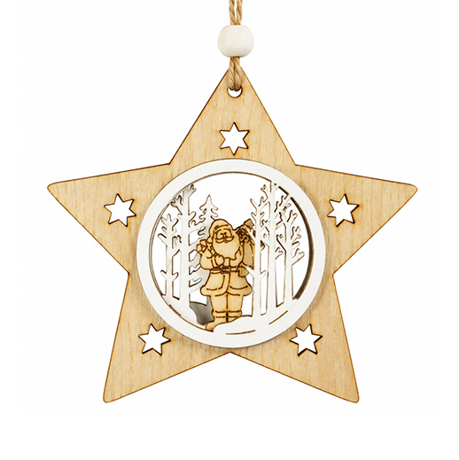 Holz-Baumschmuck Sterne und Tannenbäume mit Wintermotiven – 4er-Set