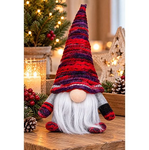 Weihnachtsgnom mit rot-violetter Wollmütze – 20 cm