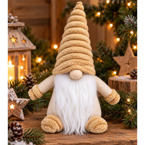 Weihnachtswichtel aus Filz mit flauschiger Zipfelmütze – Beige, 20 cm