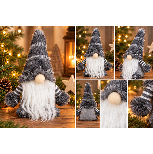 Weihnachtswichtel aus Filz mit flauschiger Zipfelmütze – Grau, 20 cm
