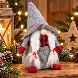 Weihnachtswichtel Knubbelnase Frau mit Zöpfen – Grau/Rot, 24 cm