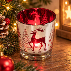 Windlichtglas Hirsch – Rot und Silber metallisiert